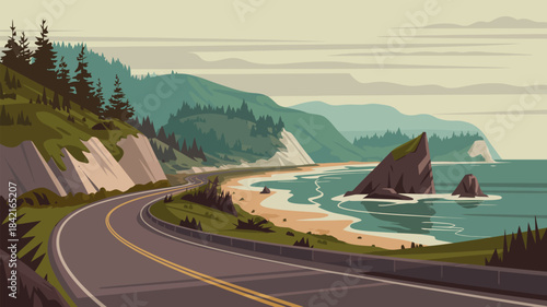 Scenic Coastal Highway Road Trip Illustration