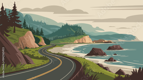 Coastal Highway Road Trip Scenic Landscape Vector Art