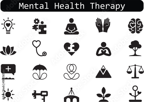 Mental Health Therapy Icons: Wellness and Counseling Glyph Set