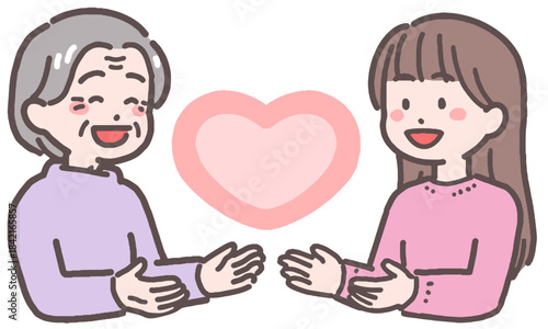 シニア女性と若い女性がハートと向き合うイラスト