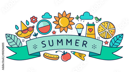 Hand Drawn Summer Icons Banner with Copy Space – Doodle Vacation Elements Vector Illustration
