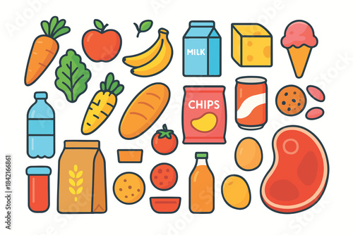 Grocery and Food Items Illustration – Fresh Produce, Snacks, and Drinks 