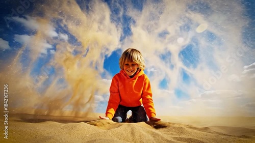 Young child playing with sand creating dynamic splash under bright blue sky