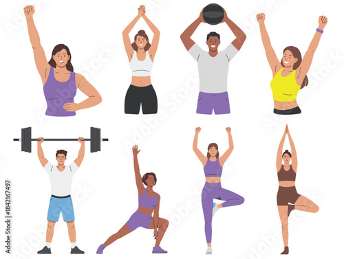 Diverse Group of People Doing Fitness Exercises and Yoga Poses Flat Vector.