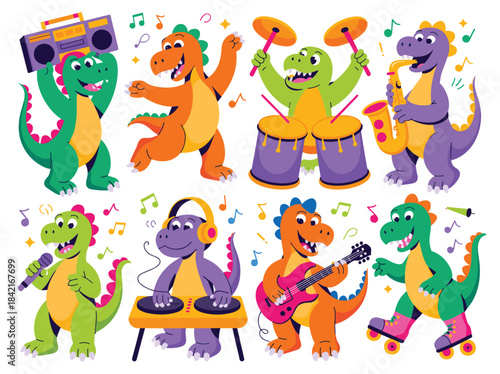 Cute Cartoon Dinosaurs Band Playing Musical Instruments Singing Dancing Party Vector