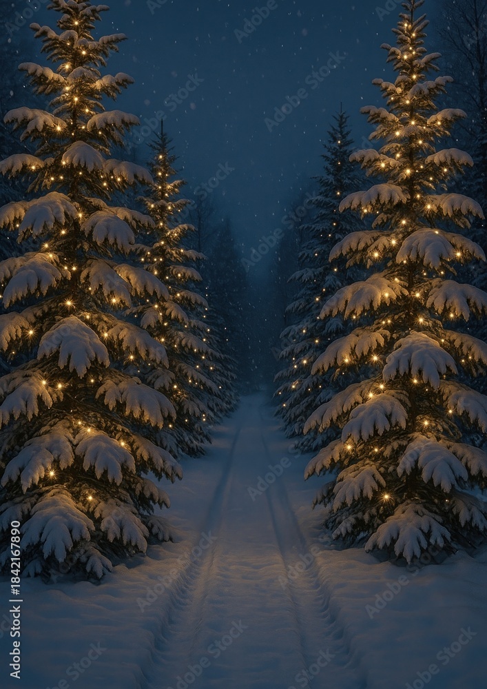 Naklejka premium Snowy trees glowing night