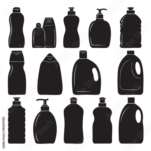 Collection of diverse household and personal care product bottle silhouettes for hygiene and cleaning liquid packaging designs