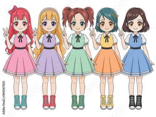 Five pastel colored anime girls in cute summer dresses making peace sign vector.