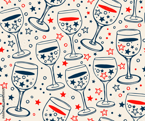 Wine Glass Seamless Pattern. Vintage Style Wallpaper Design with Wine Glasses. Hand Drawn Vector Illustration for Holiday Design, Textile, Fabric, Prints