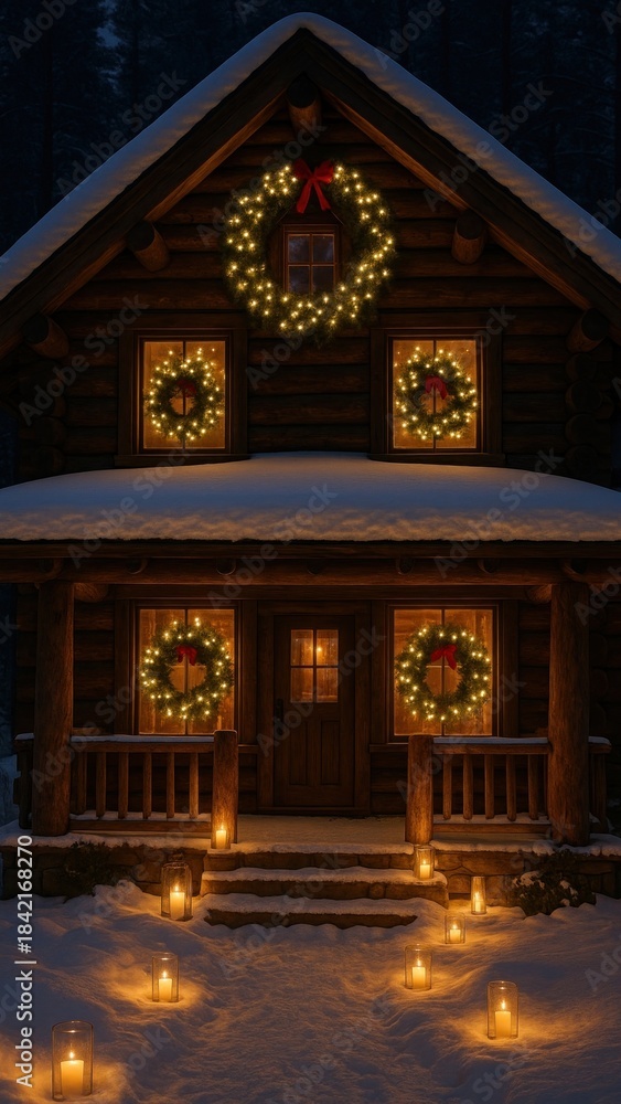 Obraz premium Cozy cabin with festive lights mobile wallpaper