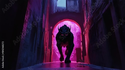 Mystical Beast Emerging from a Neon Portal in a Dark Castle.