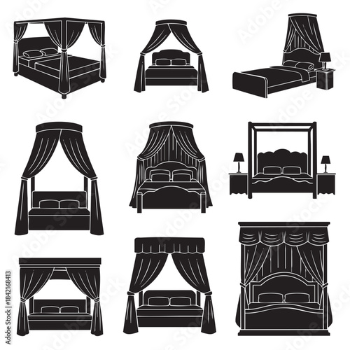 Collection of various elegant canopy bed silhouettes with draped fabric in different styles isolated vector illustration