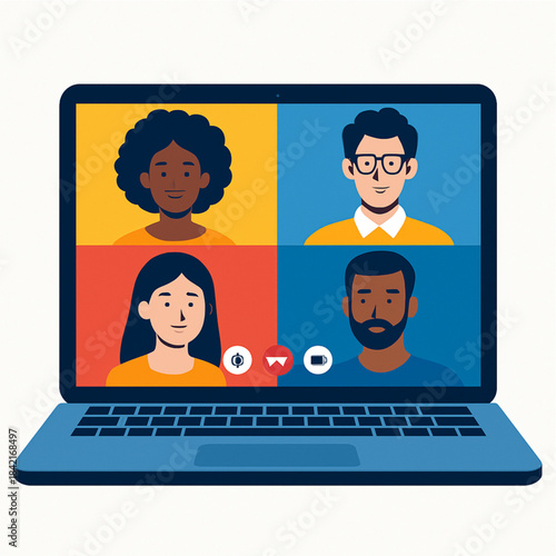 Multi-Ethnic Group Video Conference Call on Laptop