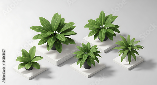 Five small green potted plants arranged on a white surface with shadows