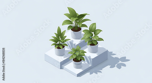 Four potted green plants arranged on white geometric pedestals