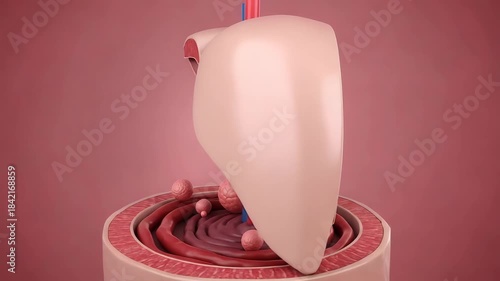 Human liver with internal tumors and lesions, showcasing anatomical structures and common pathologies in a medical context