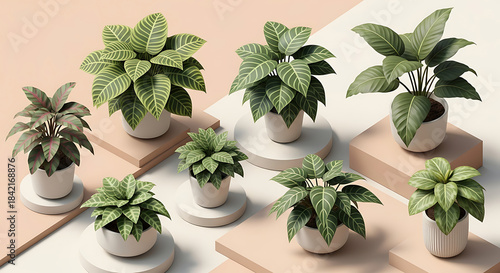 Collection of small potted houseplants with variegated leaves on display