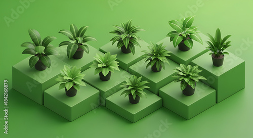 Collection of small potted green houseplants arranged on geometric pedestals
