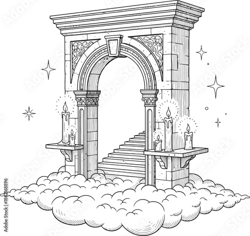 Ornate engraved stone archway on clouds a mystical portal with a stairway and lit candles.