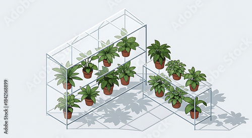 Modern geometric plant stand with potted green houseplants casting shadows