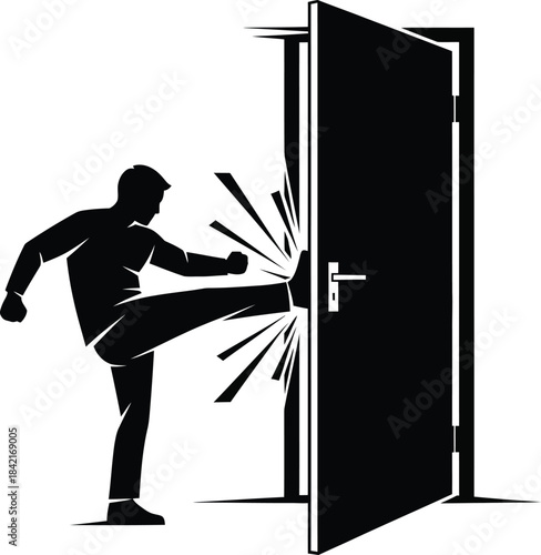 Silhouette of a man forcefully kicking a door open breaking the lock in a dynamic action pose.