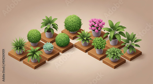 Collection of diverse potted plants arranged on wooden stands