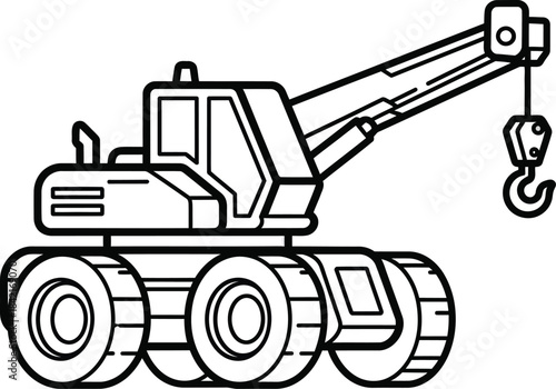 Simple black and white line art of a mobile crane truck with large wheels and a hook.