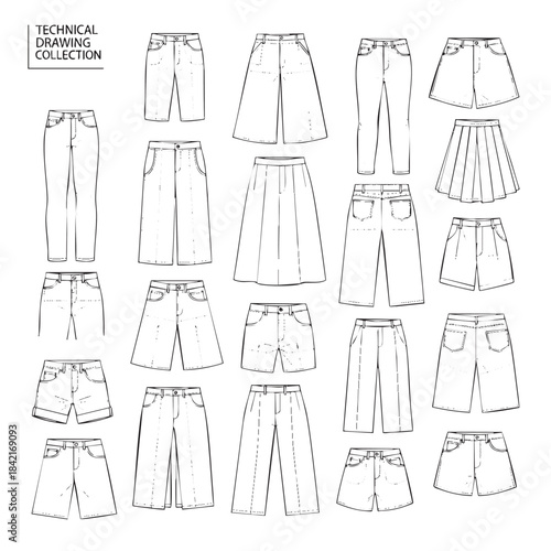 Technical Drawing Collection: A meticulous compilation of clothing apparel technical drawings showcases a variety of shorts, skirts, and trousers.