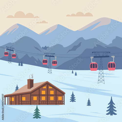 Red Ski Cabin Lift and Alpine Chalet Winter Resort Vector Illustration