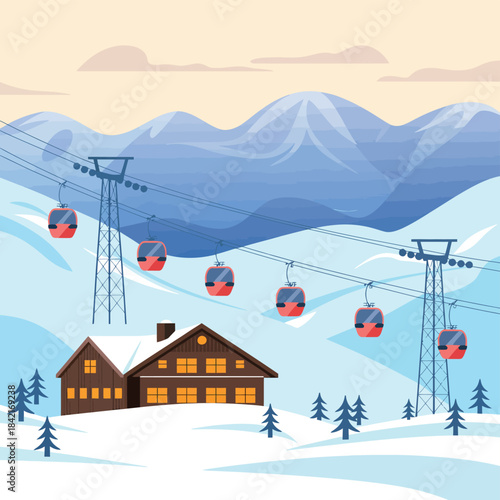 Ski Resort with Red Ski Cabin Lift Chalet Winter Mountain Landscape Vector