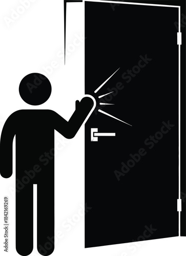 Simple black stick figure pictogram of a person knocking on a closed door with a raised fist.