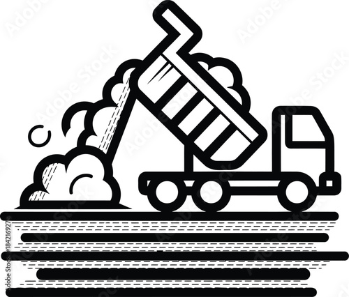 Stylized black line art icon of a dump truck unloading its cargo onto the ground.