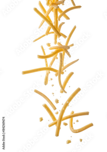 Yellow Shredded Cheese Falling Against Transparent Background Showing Isolated Pieces and Details