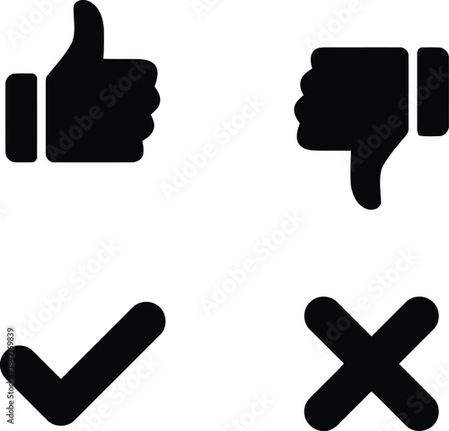 symbol, thumbs up, thumbs down, checkmark, cross, yes, no, like, dislike, approval, disapproval, correct, incorrect, choice, decision, black, white, isolated, white background, set, collection, simple