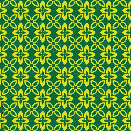 Geometric vector seamless green pattern with flowers