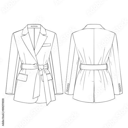 Stylish Blazer: An illustrated diagram of a sleek, belted blazer, showcasing the front and back views to highlight its elegant design and tailored fit. 