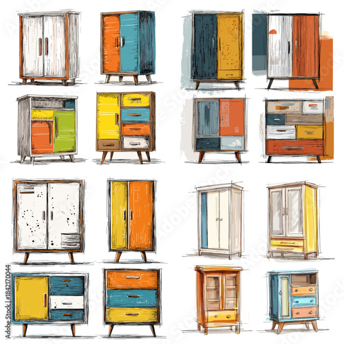 Watercolor illustration collection of colorful vintage cabinets drawers and wardrobes with artistic textures ideal for interior decor concepts furniture catalogs and creative layouts.