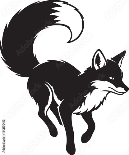 Black Fox Silhouette with Bushy Tail black and white