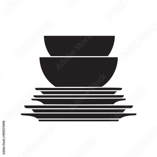 Minimalist black silhouette icon of neatly stacked kitchen bowls and plates ready for dining service