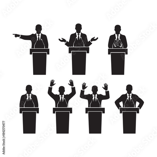 Multiple black speaker or politician silhouette icons depicting various public speaking presentation gestures