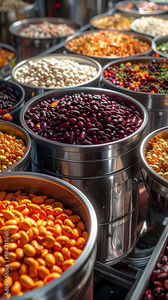 Obraz premium Close-up of various legumes in metal containers, market setting