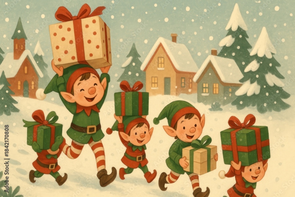 Fototapeta premium Cheerful elves carrying festive gifts.