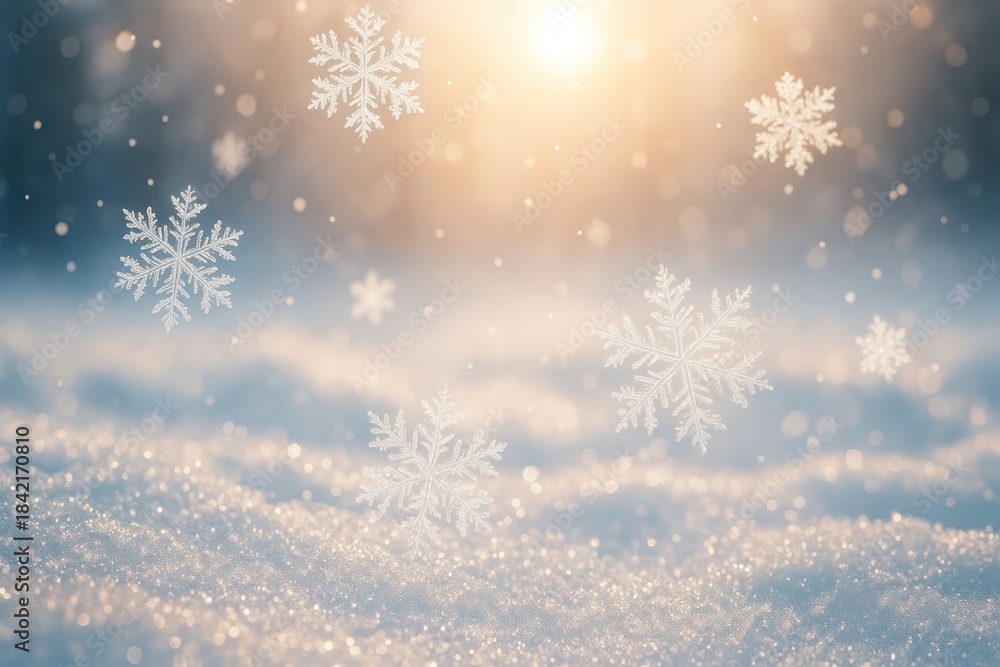 Naklejka premium Serene snowflakes under golden sunlight.