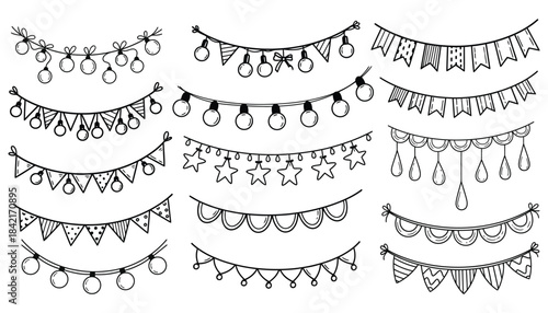 Hand drawn string lights and bunting banner sketch collection