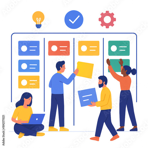 Business Team Organizing Tasks on Kanban Board