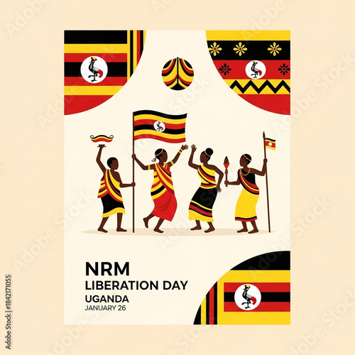 Illustration of NRM Liberation Day in Uganda with people celebrating and holding Ugandan flags.