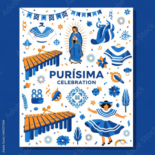 A vibrant illustration of the Purísima Celebration, showcasing traditional Nicaraguan cultural elements like the Virgin Mary, marimbas, and folk dancers.