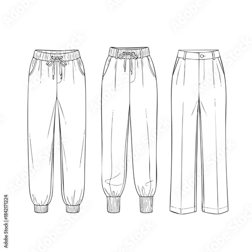 Versatile Pant Collection: A trio of stylish pants, showcasing diverse designs, from relaxed joggers to elegant tailored trousers, highlighting the essence of fashion and versatility.