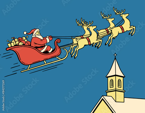 santa, claus, reindeer, flying, sleigh, city, town, village, snow, snowy, night, christmas, eve, holiday, festive, gifts, presents, winter, scene, illustration, drawing, retro, vintage, classic, graph