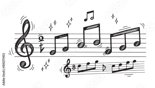 Classic Music Handwritten Doodle Set – Musical Notes, Composer Symbols & Melody Sketch Vector